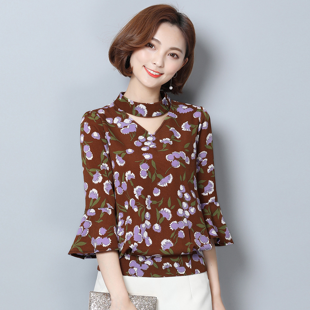 floral round neck trumpet sleeve top NSJR33386