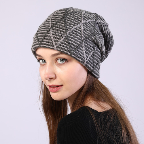 M1021 rhombus mesh mixed color pullover hat for men and women in autumn and winter plus velvet warm ear protection and cold protection woolen pile hat