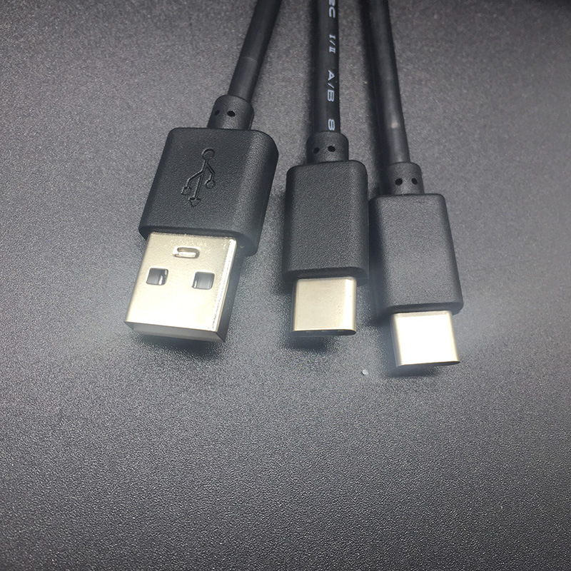 USB一拖二双type-c充电线 环保1米2A黑色USB公一分二type-c数据线-阿里巴巴