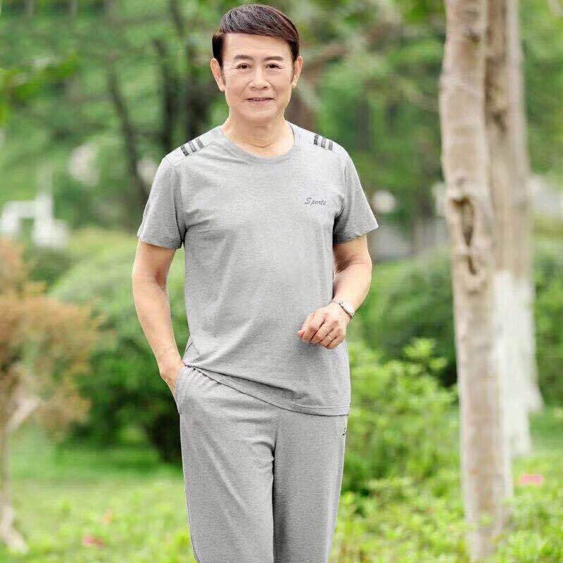 男士运动套装夏款短袖长裤两件套中老年休闲运动服套装大码爸爸装|ru