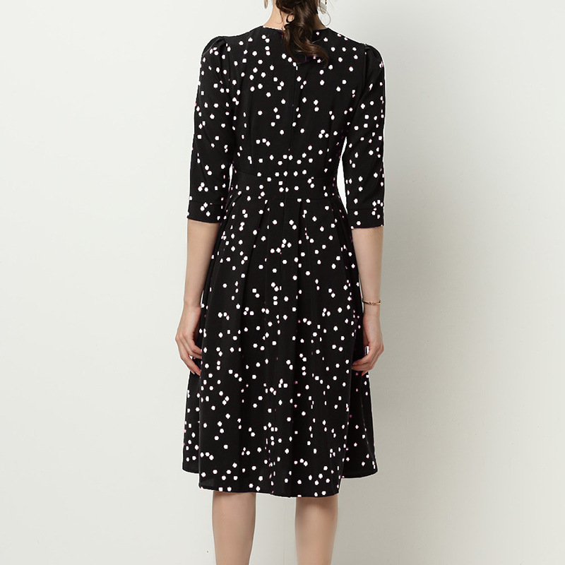 Casual Polka Dot Round Neck Long Sleeve Chiffon Dress NSGE35083