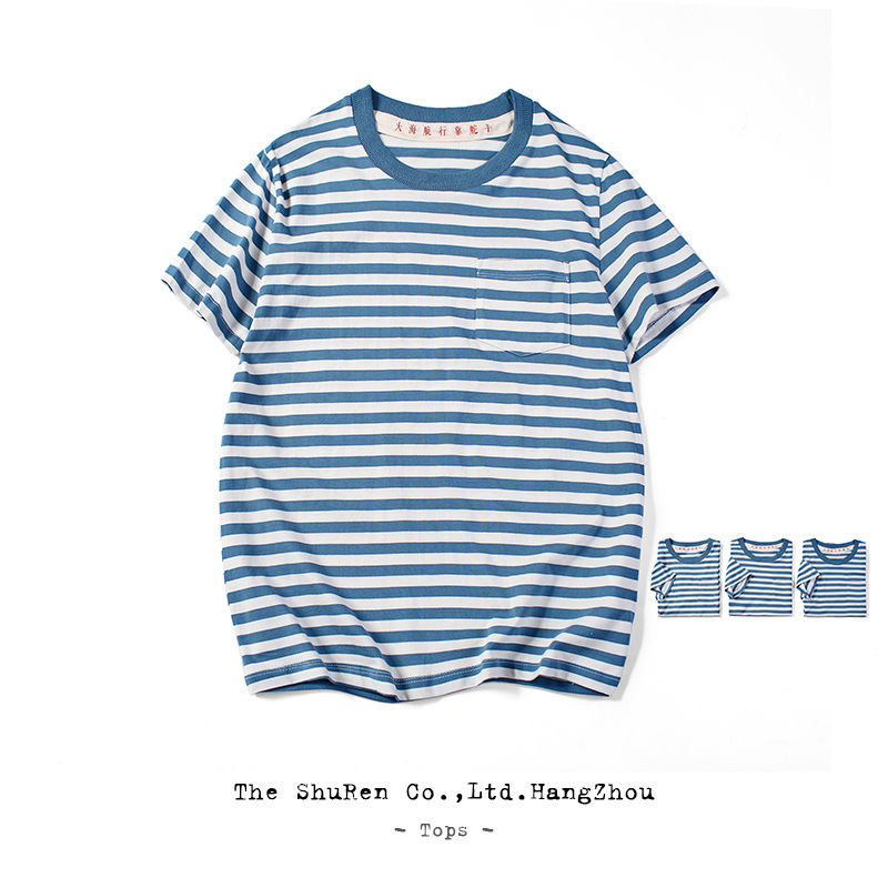 Huang's Weaving | Summer Round Neck Classic Sea Soul Style Japanese Style Leisure Retro College Style Striped T-shirt Short Sleeve Male Huang's Weaving | Summer Round Neck Classic Sea Soul Style Japanese Style Leisure Retro College Style Striped T-shirt Short Sleeve Male