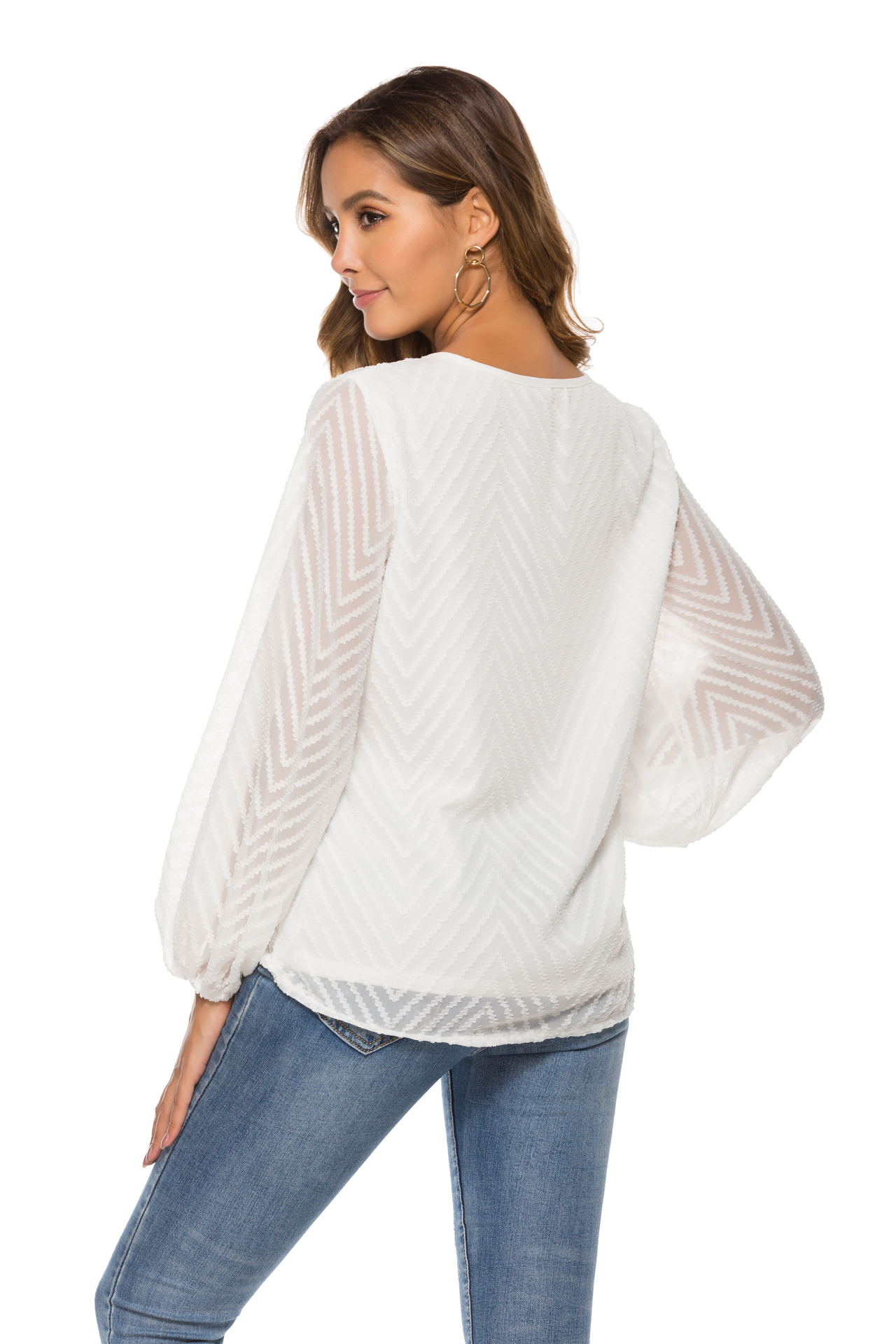 solid color Chiffon V-neck Lantern Sleeve Pullover Top NSHZ128488