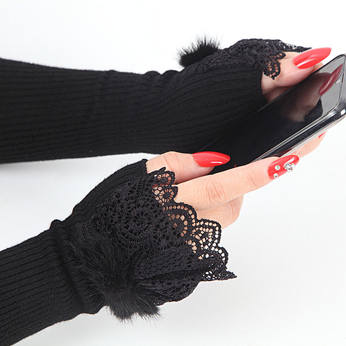 Wholesale Autumn/Winter Long Woolen Thread Arm Sleeve Lace Mink Cashmere Gloves for Women, Warm Protection Elbow Arm Sleeve Covers