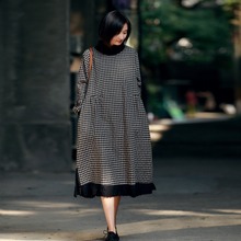 S9126高領連衣裙冬季加絨中國風復古寬松大碼格子棉麻棉衣