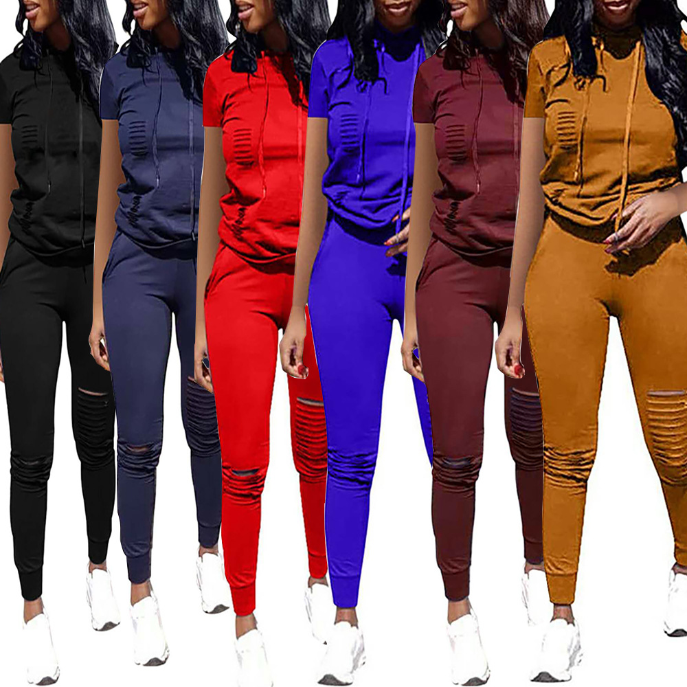 2019wish Amazon eBay Europe and America new pattern Summer wear Solid Burning flowers Hooded Sweater Short sleeved suit Two piece set