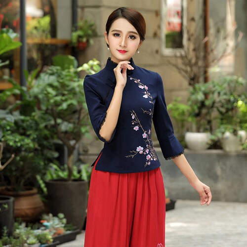 Women girls purple red green flowers retro qipao tops shirts blouses for female ancient republic of China folk embroidery of printing qipao tops for female