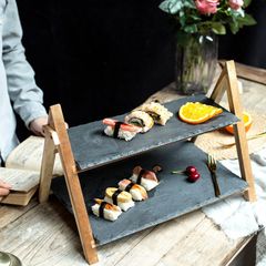 European double-layer solid wood cake stand wedding living room fruit plate Western restaurant slate dessert stand dessert cheese plate