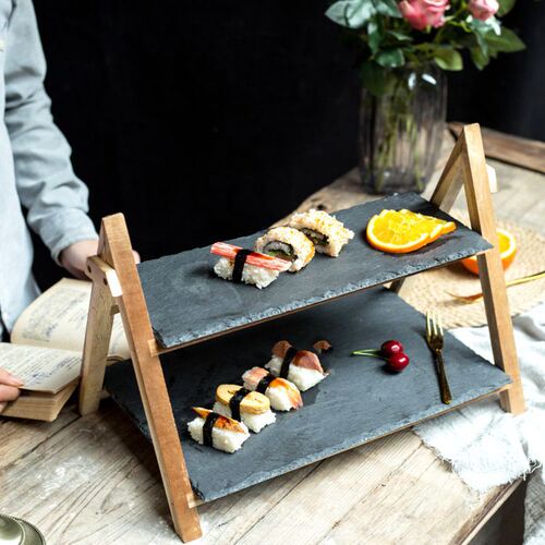European double-layer solid wood cake stand wedding living room fruit plate Western restaurant slate dessert stand dessert cheese plate