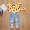 Flying sleeve woven printed sunflower fleece denim perforated pants headband three piece set