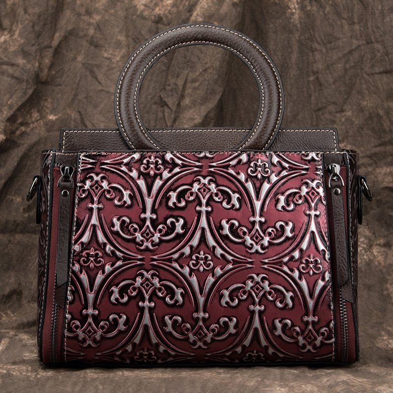 New Women's Head Layer Cowhide Embossed Color Erased Leather Round Ring Handheld Single Shoulder Crossbody Bag_voghion.com