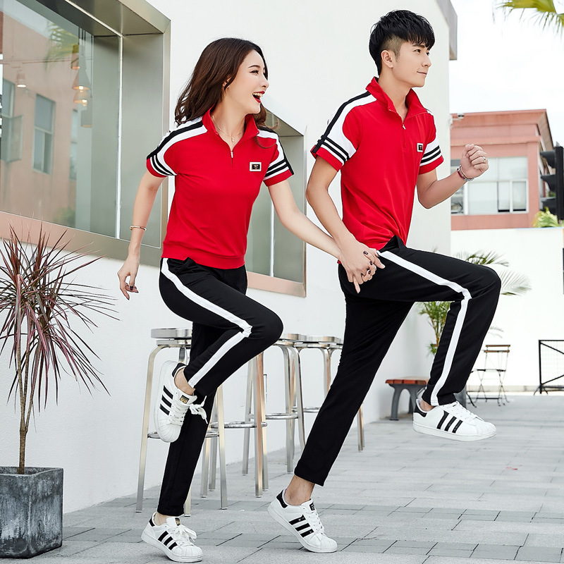 2019 summer Short sleeved pure cotton new pattern lovers Sports suit Boys and girls leisure time Two piece set student Class clothes Park service