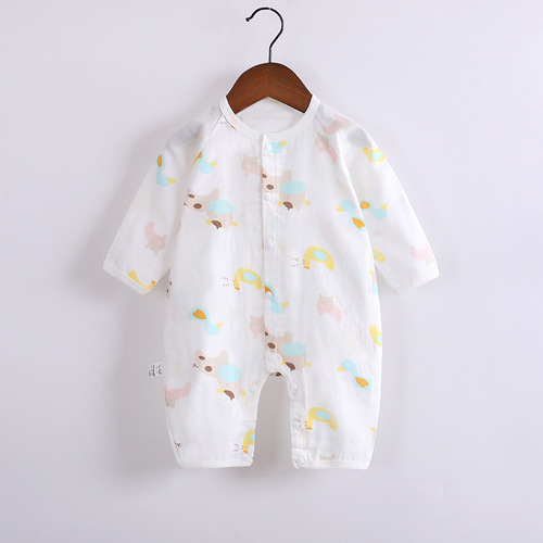 Spring and summer new children's printed thin closed-back infant pure cotton robe double-layer gauze long-sleeved jumpsuit