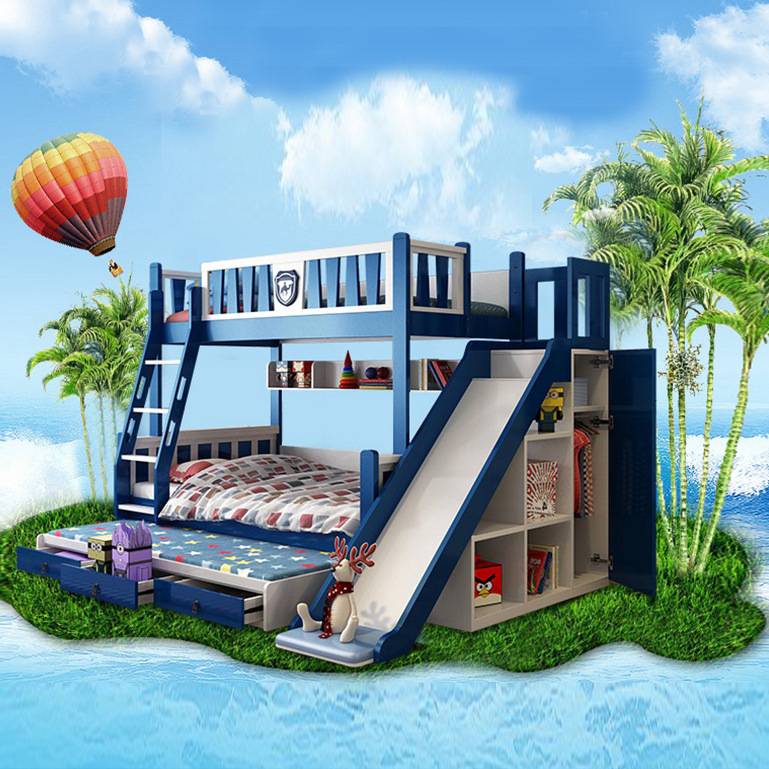 实木上下床带滑梯子母床多功能双层床儿童高低床男孩母子上下铺床|ru