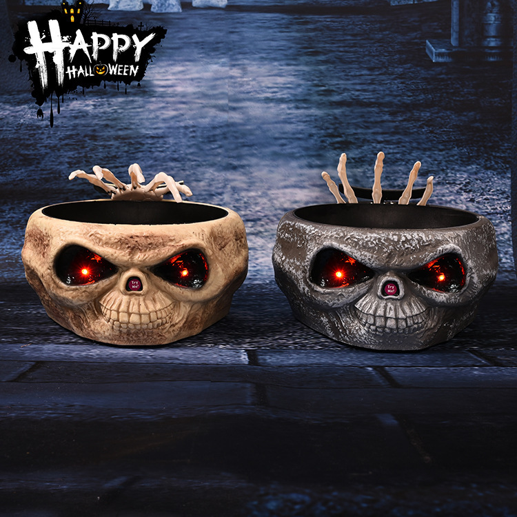 Skull Head Scary Eye Halloween Candy Bowl with Moving Hand