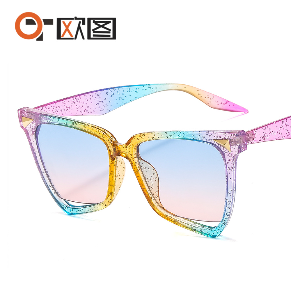 New Personality Rainbow Sunglasses Leopard Print Rice Nails Rainbow Color Women Sunglasses Cat Eyes Cross Border 9632