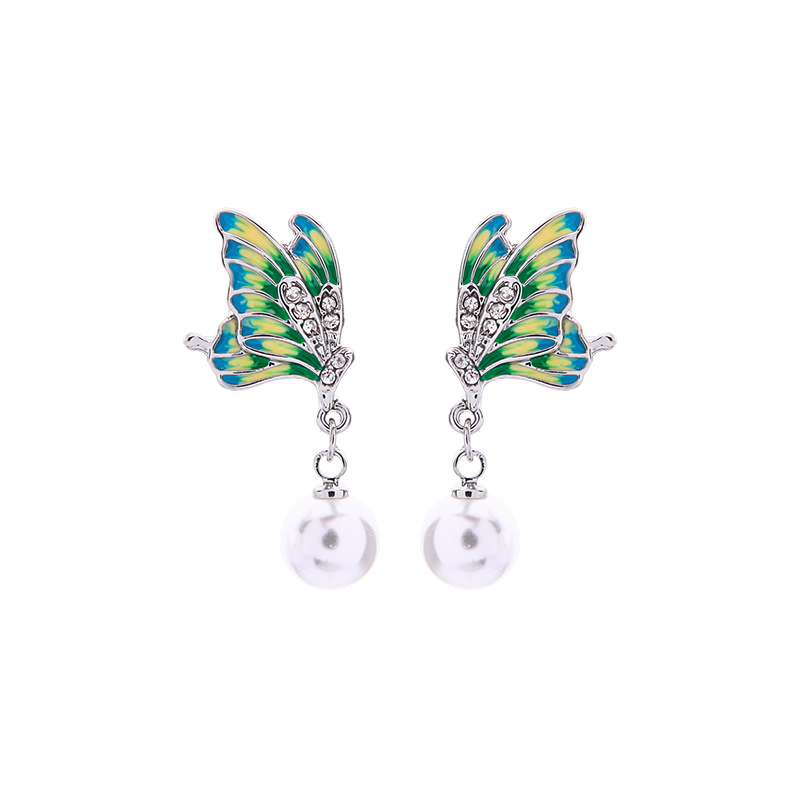 Sterling Silver Earrings Korean Crystal Diamond Butterfly Earrings New Pearl Earrings display picture 2