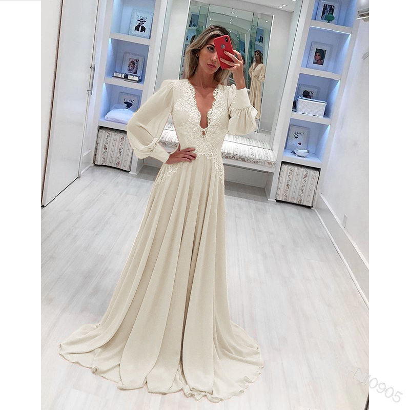 2020 cross border new European and American foreign trade women's dress Amazon sexy deep V chiffon long sleeve dress new dress