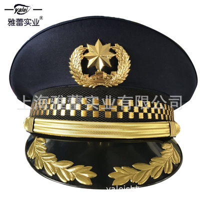 现货黑色方格大盖帽物业小区保安执勤帽子金色麦穗大檐帽保安帽子