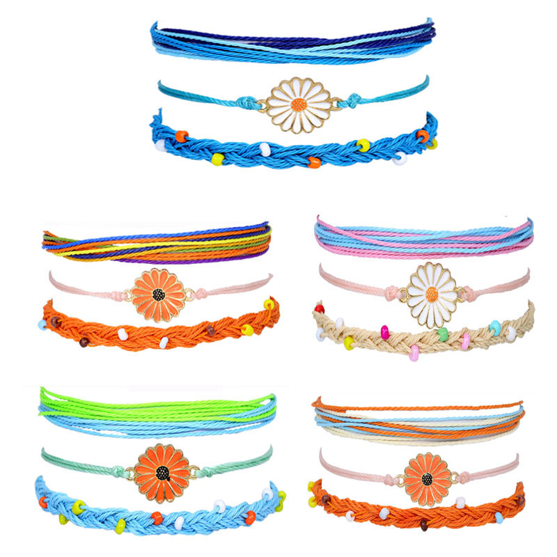 Bohemian waterproof wax line hand woven bracelet with alloy chrysanthemum beaded bracelet sets