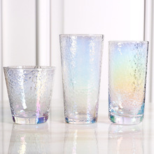 創意日式七彩電鍍錘目紋水晶玻璃杯 家用漸變色彩虹玻璃杯果汁杯