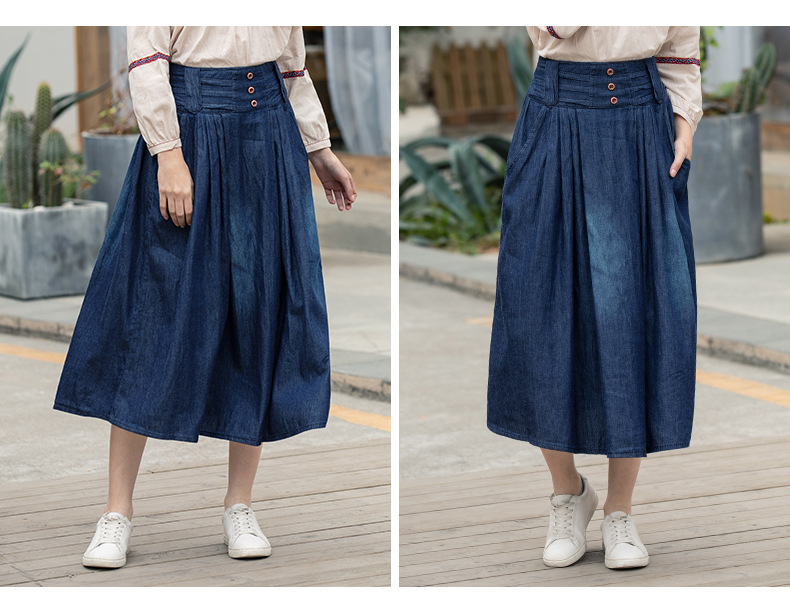 Fall High Waist Pleated Long Denim Skirt NSDT9089