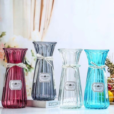 ins风创意花瓶玻璃透明彩色竖棱水培玻璃花瓶 家居装饰插花瓶摆件|ms