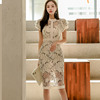 Korean style round neck lotus sleeve slim print lace hip skirt