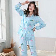 睡衣女春秋纯棉长袖开衫INS火烈鸟家居服日系梭织全棉两件套ins风