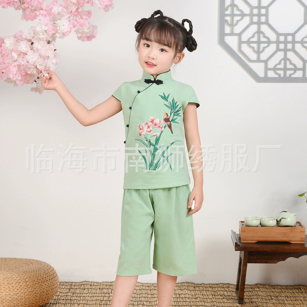 Ethnic Hanfu, set, autumn cheongsam for kindergarten, Chinese style, children's clothing, cotton and linen