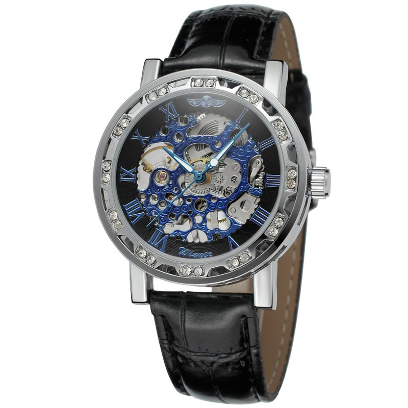 T-winner correa de los hombres reloj mecánico manual hueco transparente inferior moda reloj casual reloj mecánico 614
