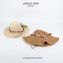 新款夏季帽子女遮阳帽防晒太阳帽纯手钩编制草帽可折叠花朵沙滩帽