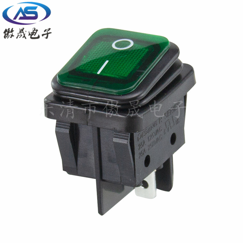 KCD4连体防水2档船型开关6脚带灯/无灯跷板开关 4脚绿灯绿盖