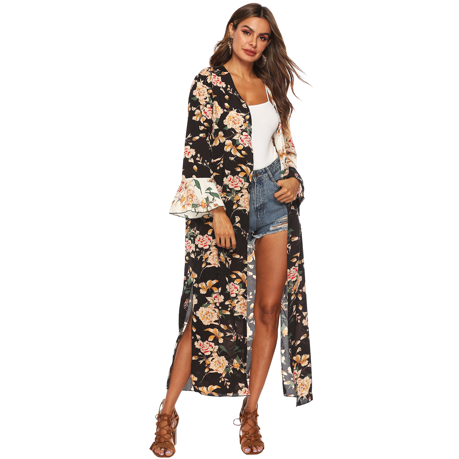 irregular printing stitching split long cardigan NSOY46138