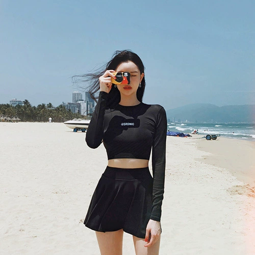 Swimwear, split long-sleeve, 2019, sun protection, high waist, fitted, slim fit