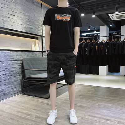夏季2019新款短袖短褲套裝男潮流韓版休閑兩件套寬松迷彩運動套裝