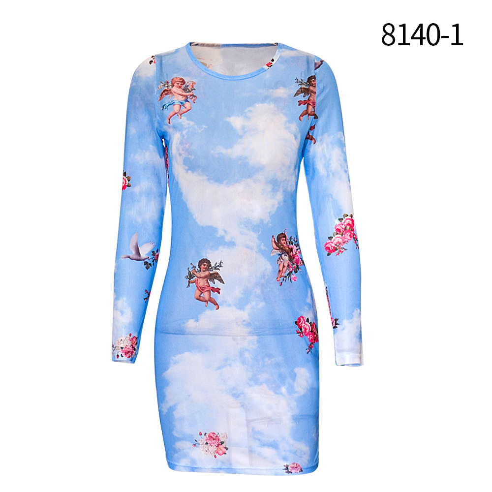 sexy long-sleeved print mesh perspective dress nihaostyles wholesale clothing NSLIH89084