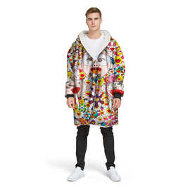 冬季时尚潮男男数码印花长款连帽夹克袖子外套 可
