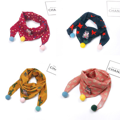 秋冬薄款棉麻儿童围巾男女童百搭三角巾卡通婴儿口水巾宝宝领巾