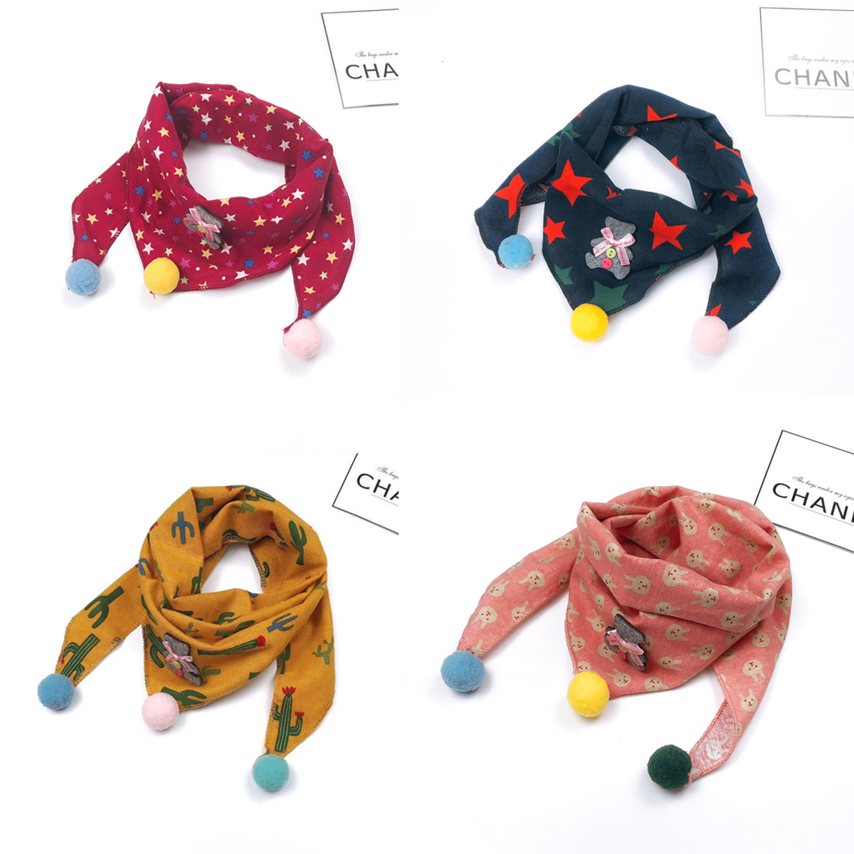 秋冬薄款棉麻儿童围巾男女童百搭三角巾卡通婴儿口水巾宝宝领巾