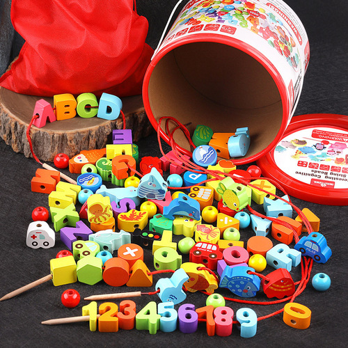 Larger Hand Holds Smaller Hand Wooden Bead Stringing 100 Pcs Number Letter City Transportation Fruits Vegetables Farm Children's Toy