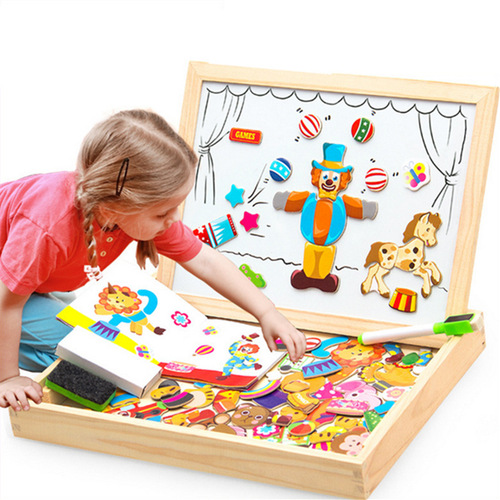 Young children's magnetic animal puzzle drawing board three-dimensional puzzle versatile writing board blackboard educational wooden toy