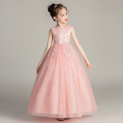 Cham pink blue Princess dress for kids girls ballet tutu skirt  birthday party dress model show singer chorus host stage outfits for kids piano performing long dresses for baby