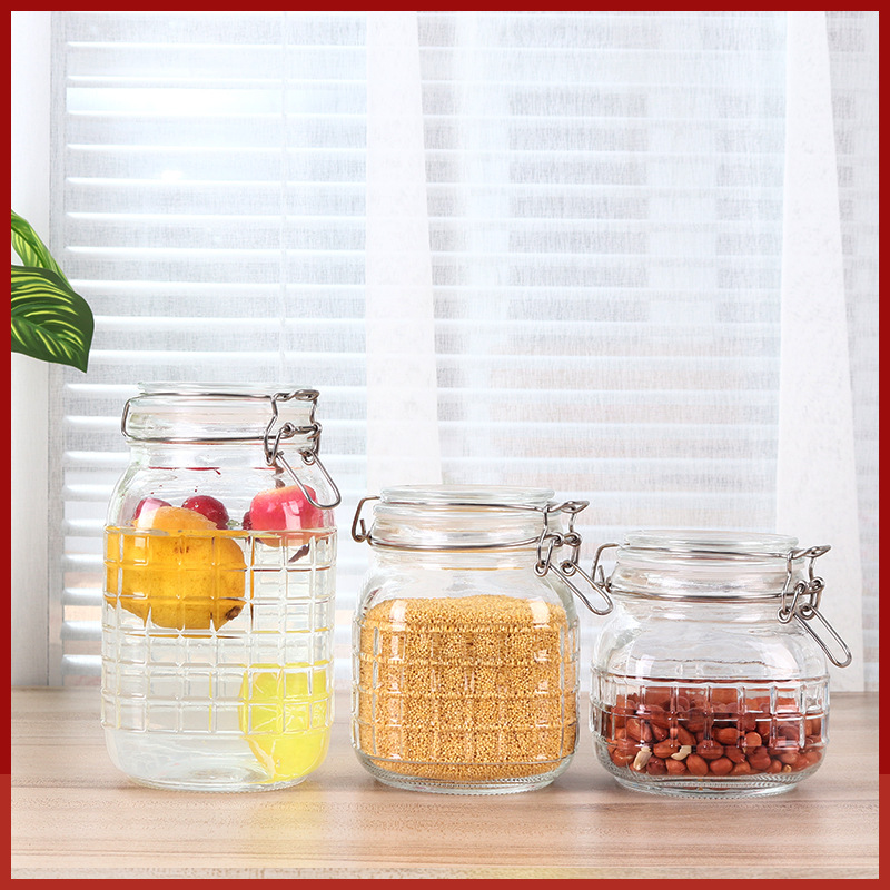 玻璃储物罐   透明玻璃材质 小方格卡扣储物罐 卡扣储物瓶子