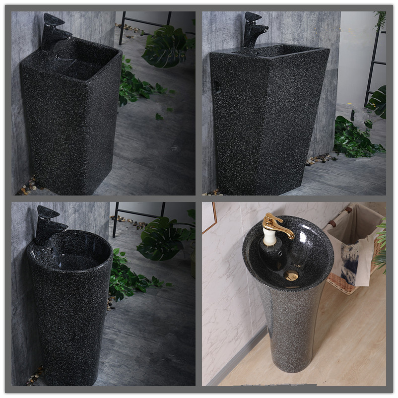 复古黑色立柱盆一体落地式洗脸盆卫生间户外阳台陶瓷洗手盆小号|ru
