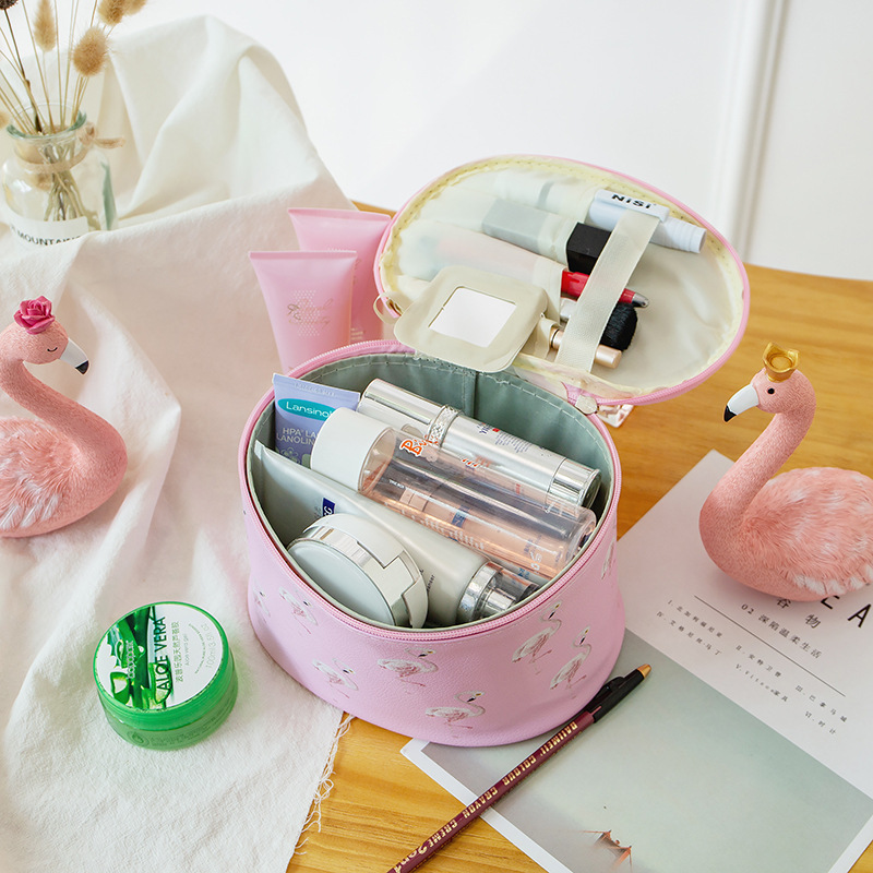 2019热销跨境爆款大容量防水皮质收纳包网红火烈卡通鸟图案化妆包