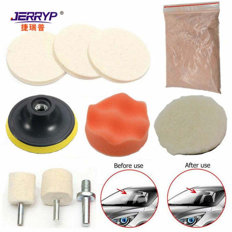 Rueda de lana de 3 pulgadas, herramienta de pulido de vidrio templado para ventanas de automóviles, juego de 8 piezas con polvo de pulido de óxido de cerio