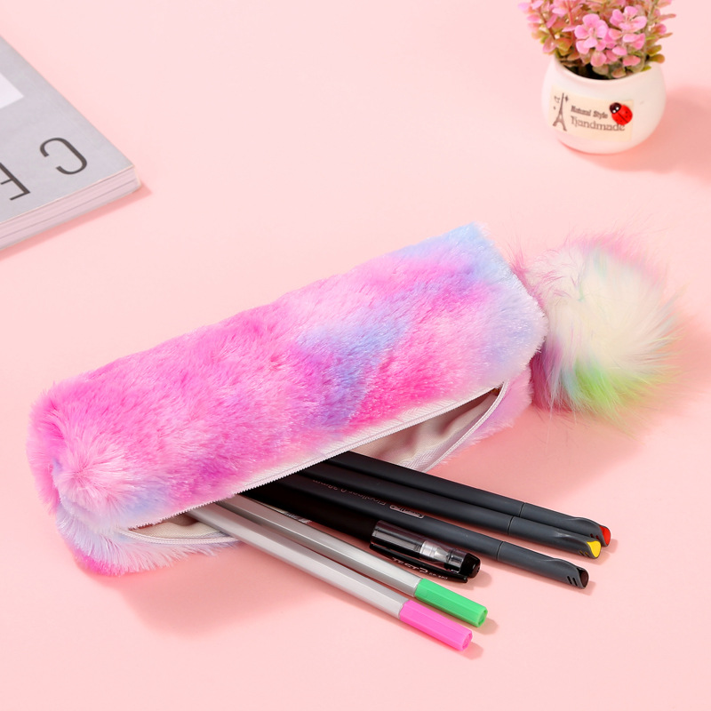 New Rainbow Color Plush Pencil Bag Student Large Capacity Stationery Buggy Bag Women's Plush Sequined Pencil Case display picture 4