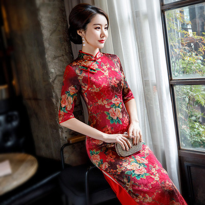 Chinese Dress Qipao for women Seasonal dress retro long cheongsam printed mulberry silk dress