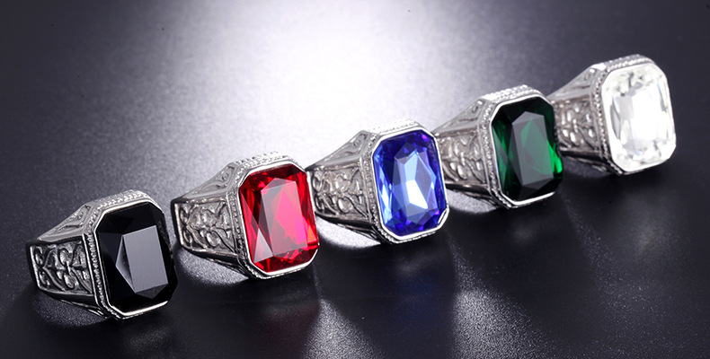25g Weight Vacuum Plating Gold Plating Process 18K Gold Plated Plating Material Glass Inlay Material Hip-Hop Square Titanium Steel Inlay Glass 18K Gold Plated Men'S Rings